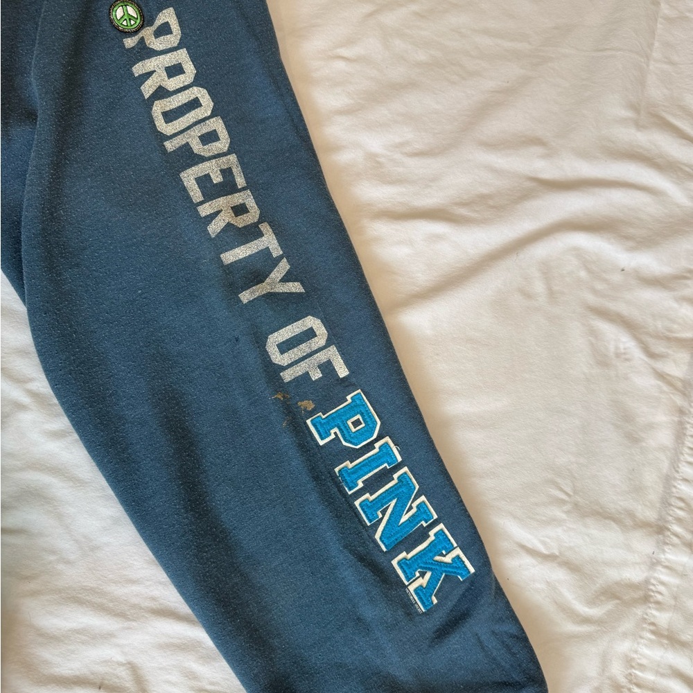 Y2k 2007 VS Pink Blue Hoodie & Capris Sweatsuit Peace Sign - Picture 9 of 12